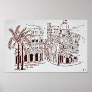 Poster Placa de la Reina na Cidade Antiga, Valência, Esp