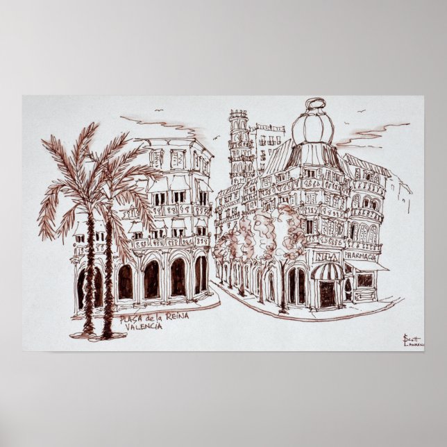 Poster Placa de la Reina na Cidade Velha, Valência, Espan (Frente)