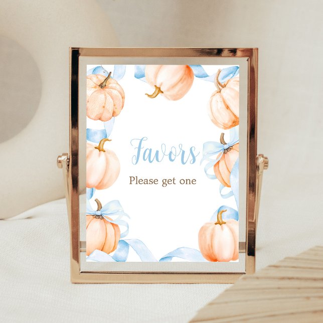 Poster Placa de Lembrancinhas de Chá de Bebê Abóbora com  (Boy Bow Pumpkin Baby Shower Favors Sign)
