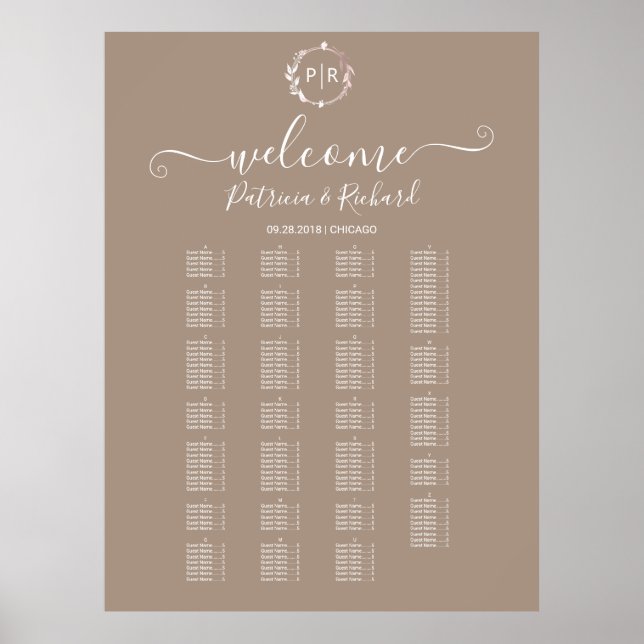 Poster Placa de Letreiro de Assentos Alfabetizados com Mo (Frente)