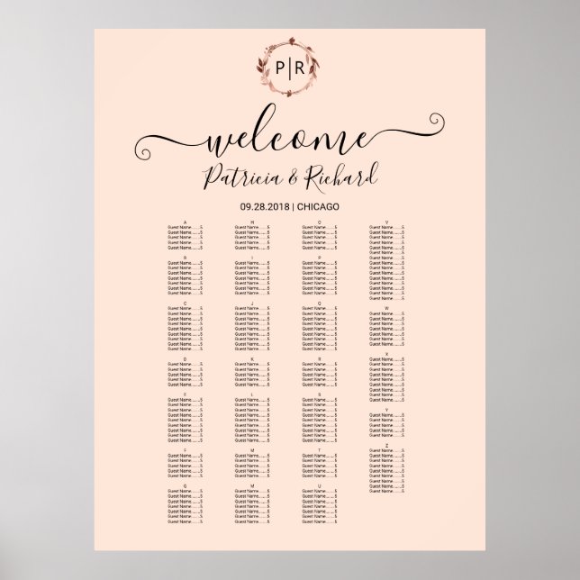 Poster Placa de Letreiro de Assentos Alfabetizados com Mo (Frente)