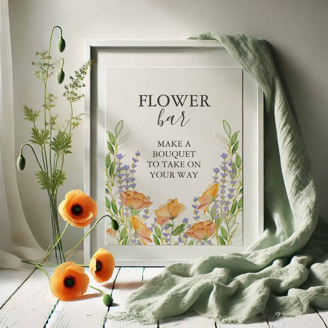 Poster Placa de Letreiro de Flor de Laranja (Flower bar sign with watercolor orange poppies, lavender and greenery)