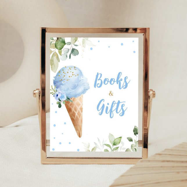 Poster Placa de Livros e Presentes para Chá de Bebê com S (Ice Cream Baby Shower Books and Gifts Sign)