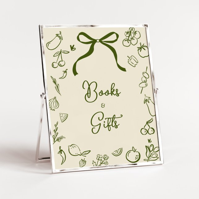 Poster Placa de Livros e Presentes para Chuveiro de Sage  (Locally Grown Farmers Market Baby Shower Books and Gifts Sign)
