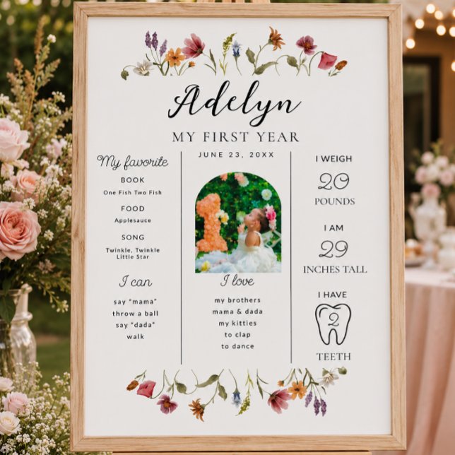 Poster Placa de marco de aniversário de um ano com flores (Criador carregado)