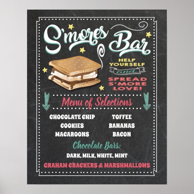 Poster Placa de Menu de Barra de S'mores para Festa (Frente)