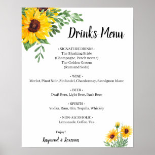 Poster Placa de Menu de Bebidas com Girassóis e Verduras