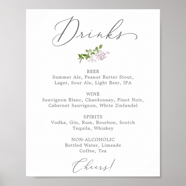 Poster Placa de Menu de Bebidas de Casamento Lilás Rústic (Frente)