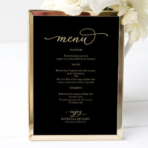Poster Placa de Menu de Casamento Preto com Letra Dourada