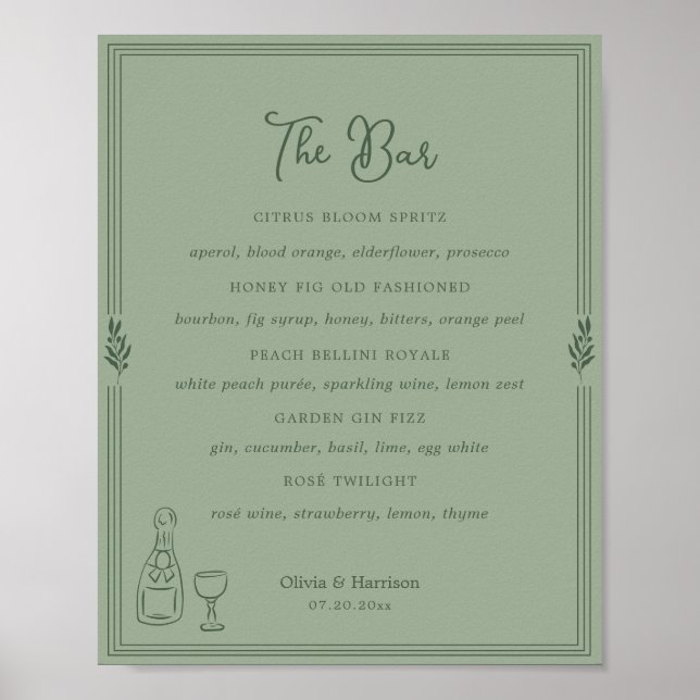 Poster Placa de Menu do Bar com Galho de Oliveira em Verd (Frente)
