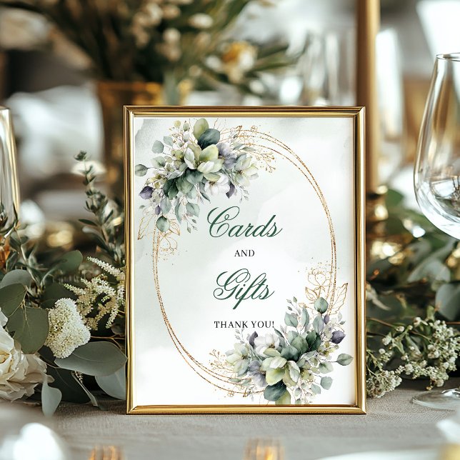 Poster Placa de Mesa Cartões e Presentes Verde Aquarela B (Watercolor Green White Cards And Gifts Table Sign)