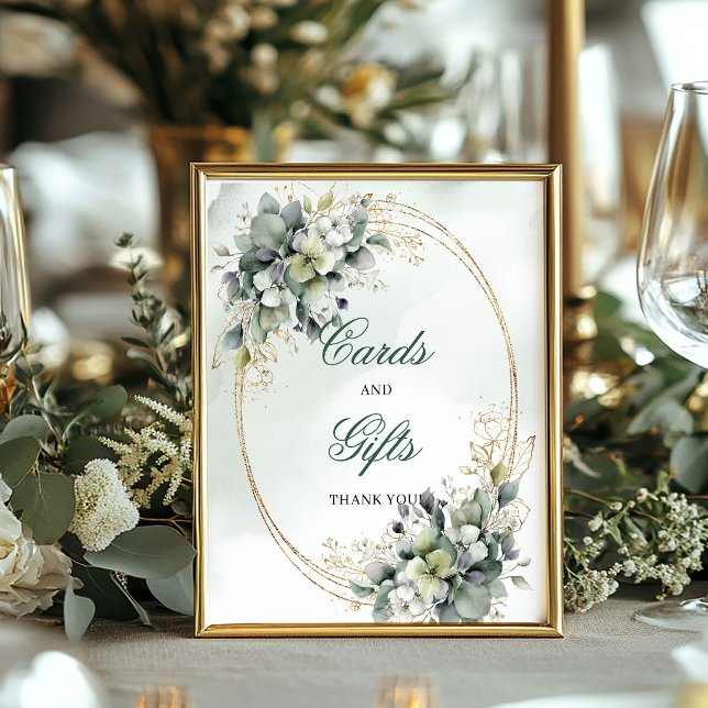 Poster Placa de mesa de cartões e presentes de eucalipto  (Dusty Green Eucalyptus Cards And Gifts Table Sign)