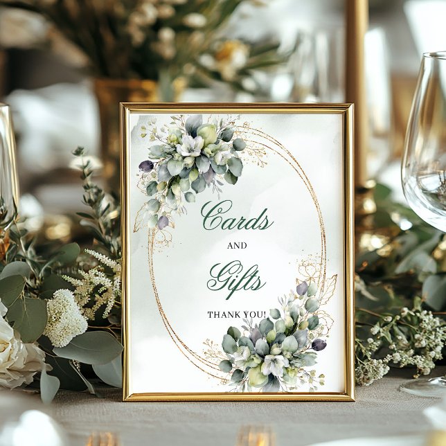 Poster Placa de mesa de cartões e presentes em verde empo (Dusty Green Botanical Cards And Gifts Table Sign)