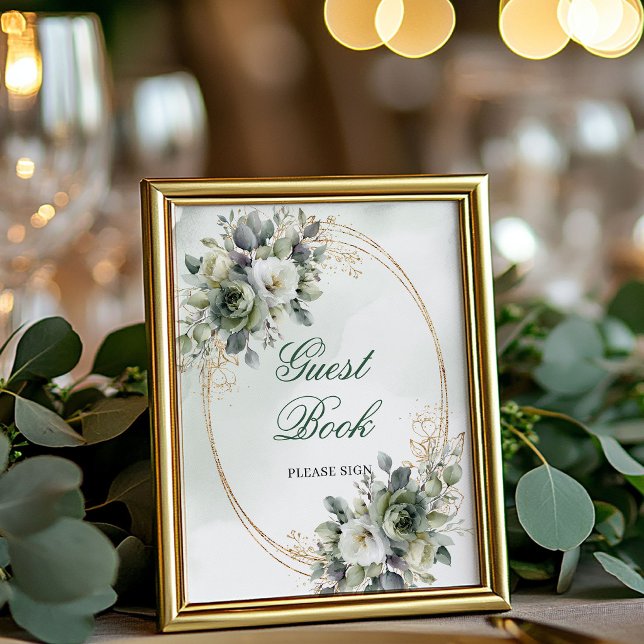 Poster Placa de Mesa para Livro de Visitas de Eucalipto R (Rustic Eucalyptus Guest Book Tabletop Sign 8x10)
