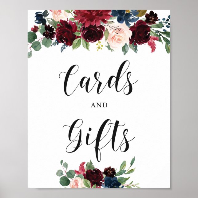 Poster Placa de Natal Burgundy Navy Floral Cartões e Pres (Frente)