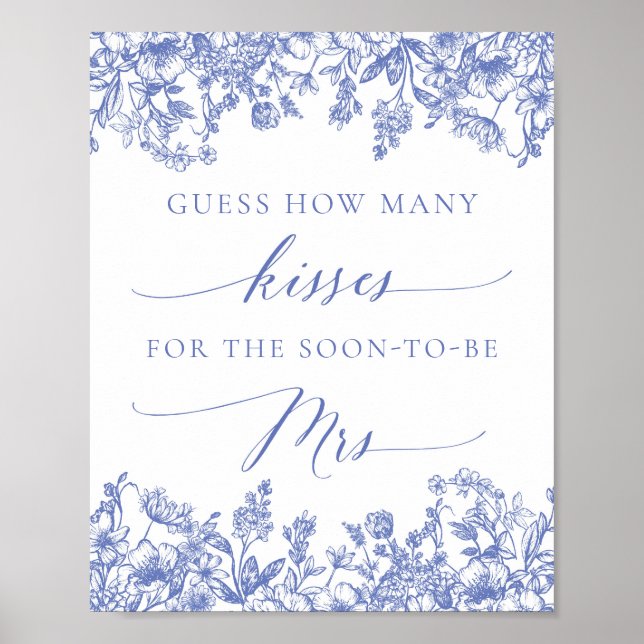 Poster Placa de Noivado Blue Floral Guess How Many Kisses (Frente)