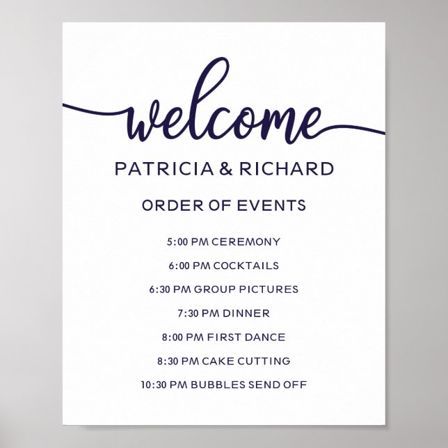 Poster Placa de Ordem de Eventos de Casamento | Azul Navy (Frente)