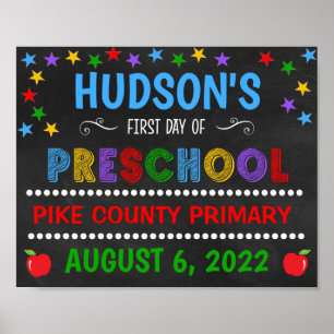 Poster Placa de Primeiro Dia de Pré-Escola em Quadro Negr
