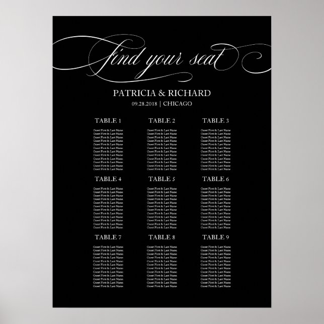Poster Placa de Quadro de Assentos de Casamento com 9 Mes (Frente)