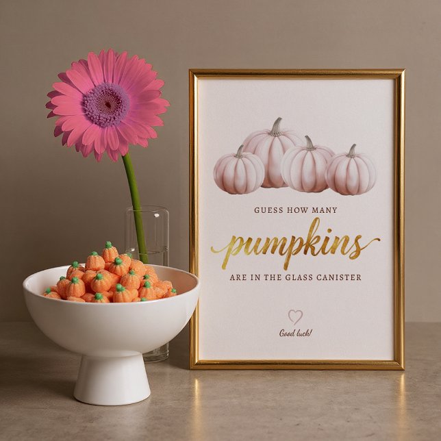 Poster Placa de Quantas Abóboras | Jogo de Outono Rosa (Baby Shower Game Sign)