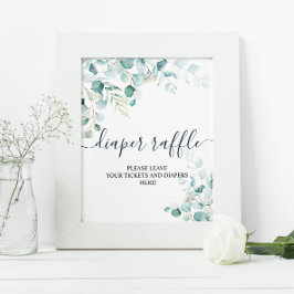Poster Placa de rifa de fraldas com folhas de eucalipto