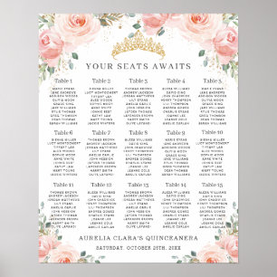 Poster Placa Dourada Floral Cor-de-Rosa Blush Quinceañera