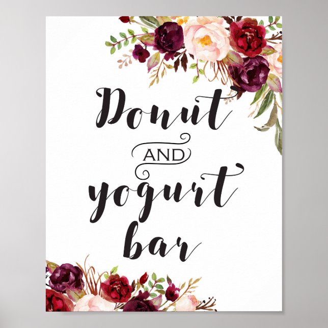 Poster Placa Floral Boho Borgonha - Barra de Donut e Iogu (Frente)