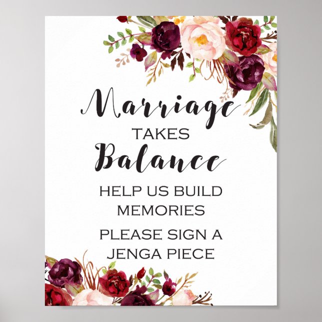 Poster Placa Floral Boho Borgonha - Casamento Requer Equi (Frente)