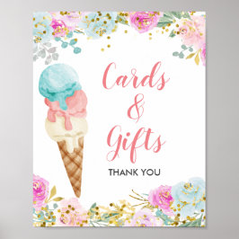 Poster Placa floral e Sorvete de pastel - Sinal de presen