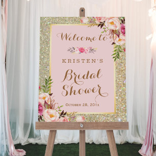 Poster Placa para Chá de Noiva Dourado Brilho Rosa Floral