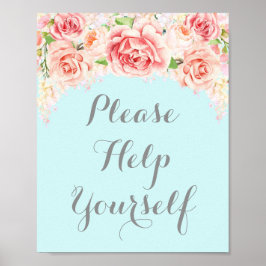 Poster Placa Por Favor Sirva-se Rosa Aquarela Azul