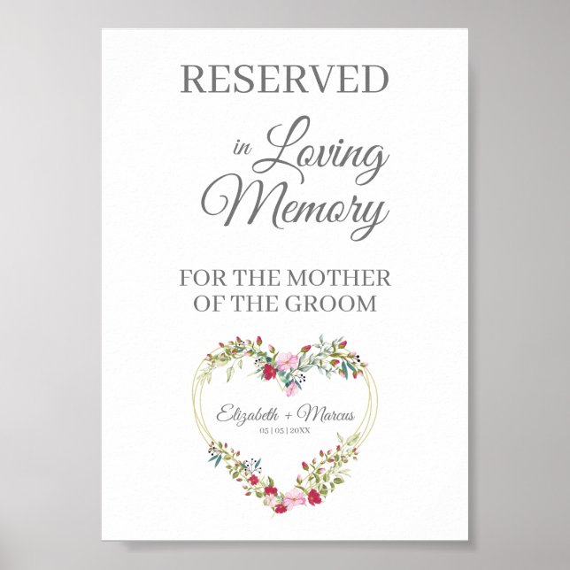 Poster Placa Reservada de Casamento Amando Memória Floral (Frente)