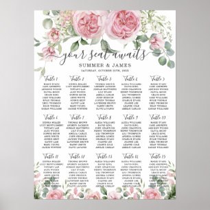 Poster Placa Sentada de Casamento de Flores de Blush Cor-