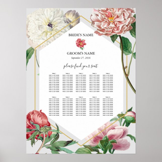 Poster Placa Sentada de Casamento de Pêonias Brancas Rosa (Frente)