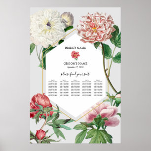Poster Placa Sentada de Casamento de Pêonias Brancas Rosa