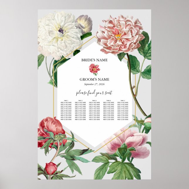 Poster Placa Sentada de Casamento de Pêonias Brancas Rosa (Frente)