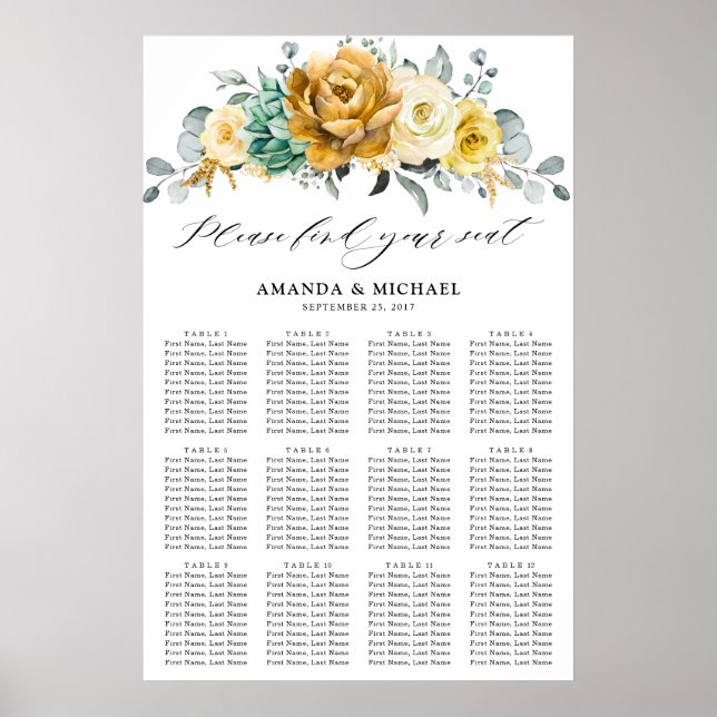 Poster Placa Sentada de Casamento Floral Amarelo-Mostarda (Frente)