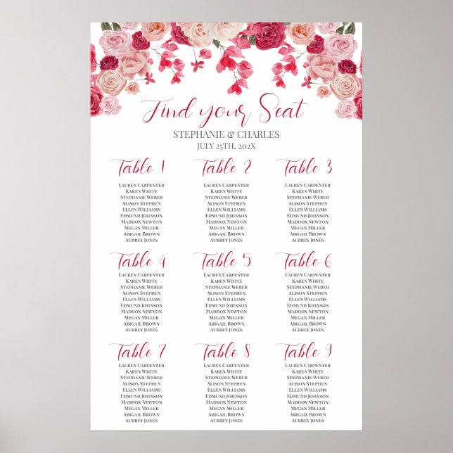 Poster Placa Sentada De Casamento Floral Magenta Rosa (Frente)