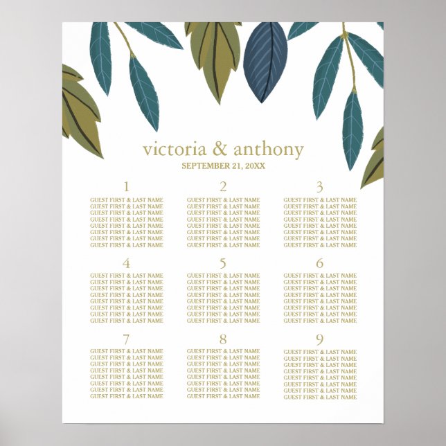 Poster Placa Sentada Floral de Casamento Rustic Leaf (Frente)