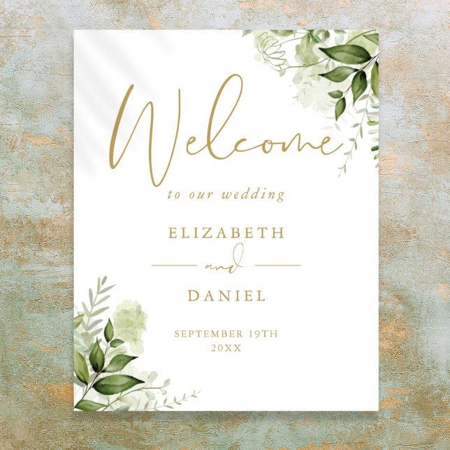Poster Placas de Boas-Vindas de Casamento com Folhagem Ve (Greenery Foliage Wedding Gold Welcome Sign)