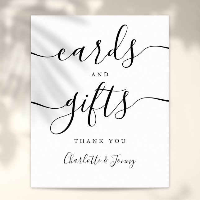 Poster Placas de Cartões e Presentes Preto e Branco em Le (Black And White Script Cards And Gifts Sign)