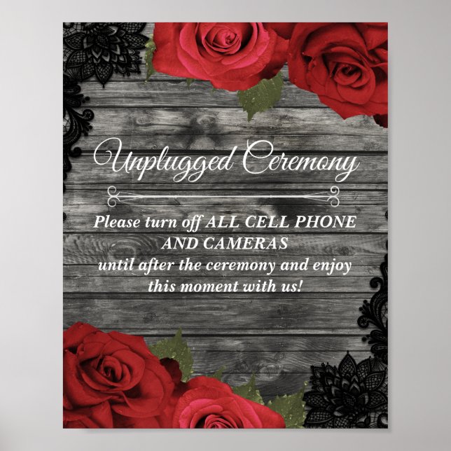 Poster Placas de Casamento Rustic Black Lace Rosas Vermel (Frente)