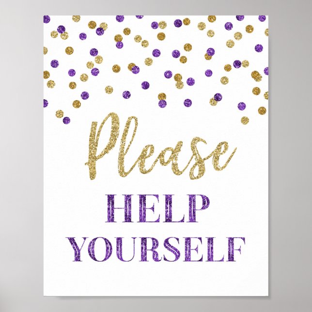 Poster Placas de Confete Dourado Roxo Por Favor Sirva-se (Frente)