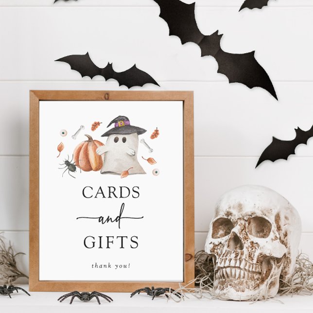 Poster Placas de Festa de Bebê de Cartões e Presentes de  (Halloween Cards and Gifts Sign A Little Boo Is Almost Due Baby Shower Fall Autumn Orange Pumpkins)