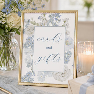 Poster Placas de Flores Azuis Suaves e Sinal de Presente