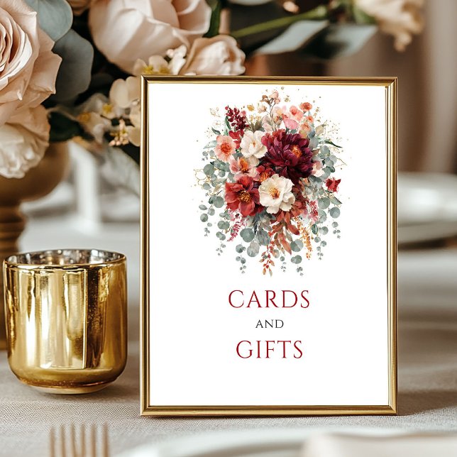 Poster Placas e Presentes de Mesa Outono Boho Marsala Flo (Fall Boho Marsala Floral Cards And Gifts Tabletop)
