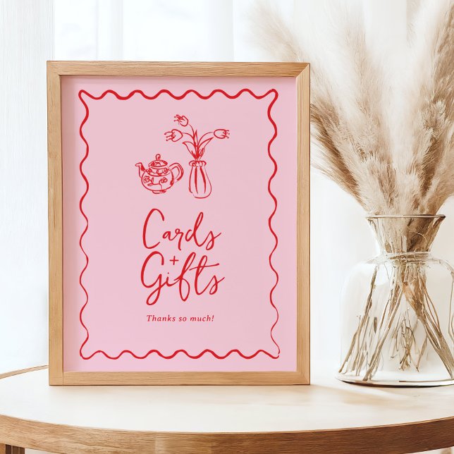 Poster Placas e presentes do Tea Party - Sinal com esboço (cards and gifts table sign in pink with hand drawn doodle tea pot and vase)