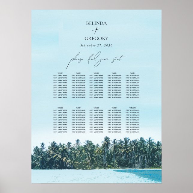 Poster Placas Tropicais e Gráfico de Casamento de Praia (Frente)
