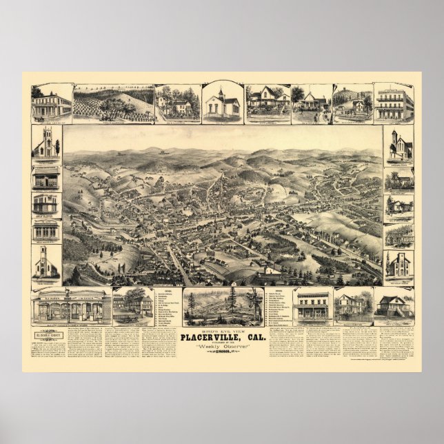 Póster Placerville, CA Panorâmica - 1888 (Frente)