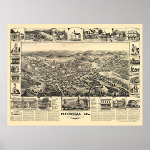 Póster Placerville, mapa panorâmico de CA - 1888